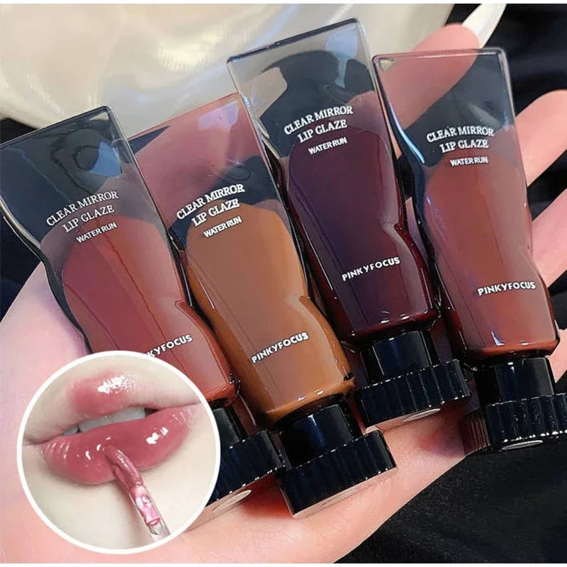 Black Mirro Lip Gloss Lip Glaze Transparent Glass Lip Oil Waterproof Moisturizing Liquid Lipstick Nude Brown Clear Tint Makeup